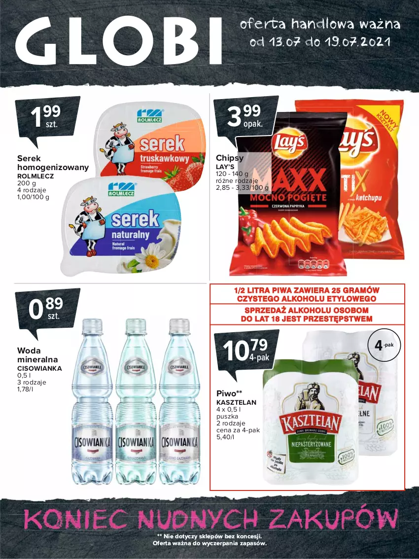 Gazetka promocyjna Carrefour - Gazetka Globi - ważna 12.07 do 19.07.2021 - strona 2 - produkty: Chipsy, Cisowianka, Gra, Kasztelan, Lay’s, Piwa, Piwo, Rolmlecz, Ser, Serek, Serek homogenizowany, Woda, Woda mineralna