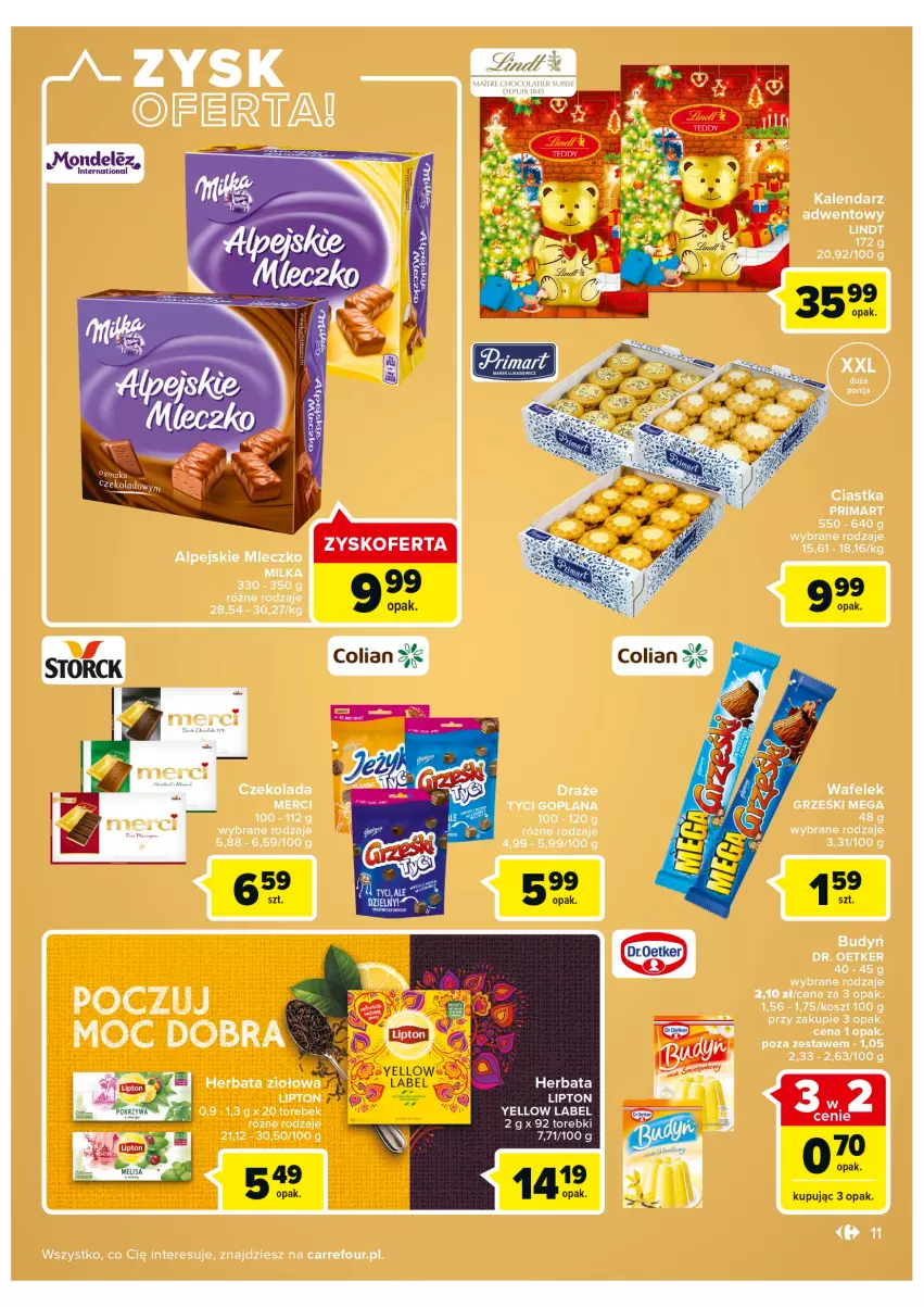 Gazetka promocyjna Carrefour - Gazetka Carrefour - ważna 25.10 do 05.11.2022 - strona 11 - produkty: Budyń, Ciastka, Czekolada, Dr. Oetker, Goplana, Grześki, Kosz, LANA, Lindt, Merci, Mleczko, Wafelek