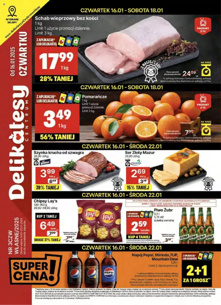 Gazetka promocyjna Delikatesy Centrum - ważna 16.01 do 21.01.2025 - strona 1 - produkty: Fa, Gra, Gry, Pepsi, Piec, Piwo, Pomarańcze, Schab wieprzowy, Szynka, Wasa