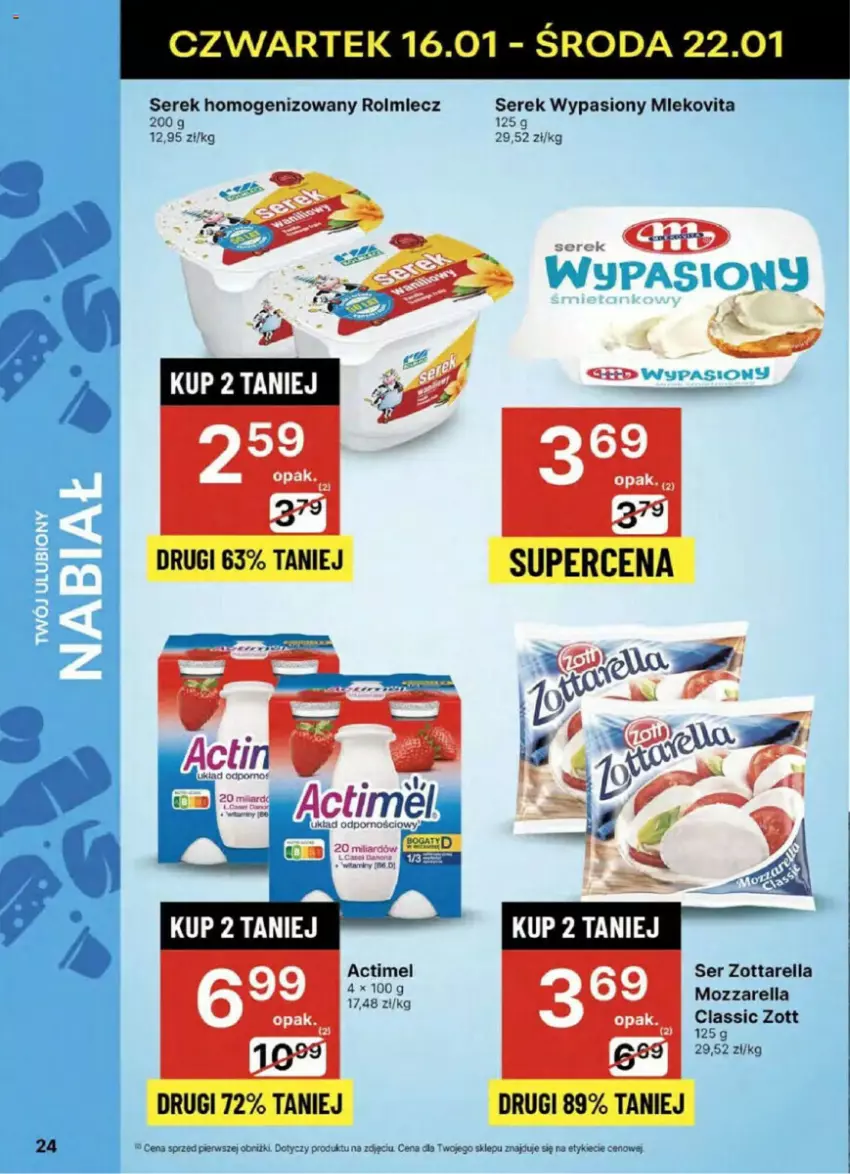 Gazetka promocyjna Delikatesy Centrum - ważna 16.01 do 21.01.2025 - strona 17 - produkty: Actimel, Miecz, Mleko, Mlekovita, Por, Ser, Serek, Serek homogenizowany, Zott, Zottarella