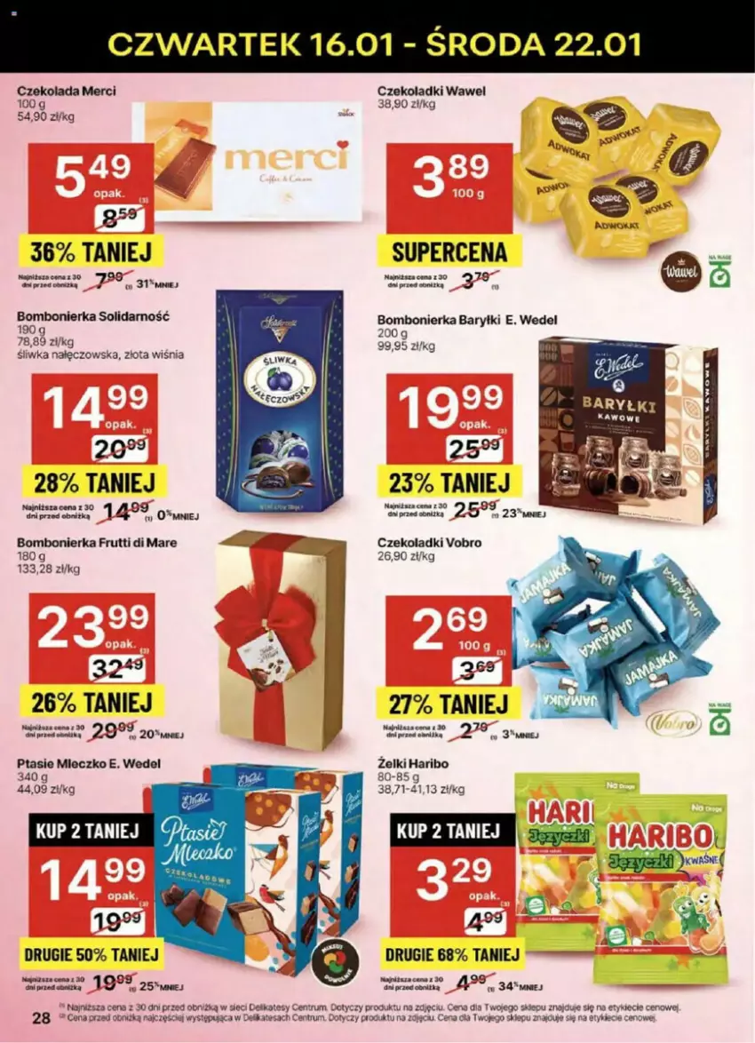 Gazetka promocyjna Delikatesy Centrum - ważna 16.01 do 21.01.2025 - strona 21 - produkty: Baryłki, Czekolada, E. Wedel, Haribo, Merci, Mleczko, Por, Ptasie mleczko, Rum, Wawel