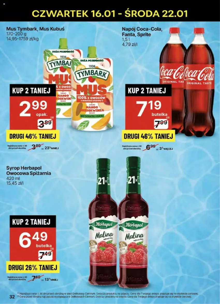 Gazetka promocyjna Delikatesy Centrum - ważna 16.01 do 21.01.2025 - strona 26 - produkty: Coca-Cola, Fa, Fanta, Herbapol, Kubuś, Mus, Napój, Rum, Sprite, Syrop, Tymbark