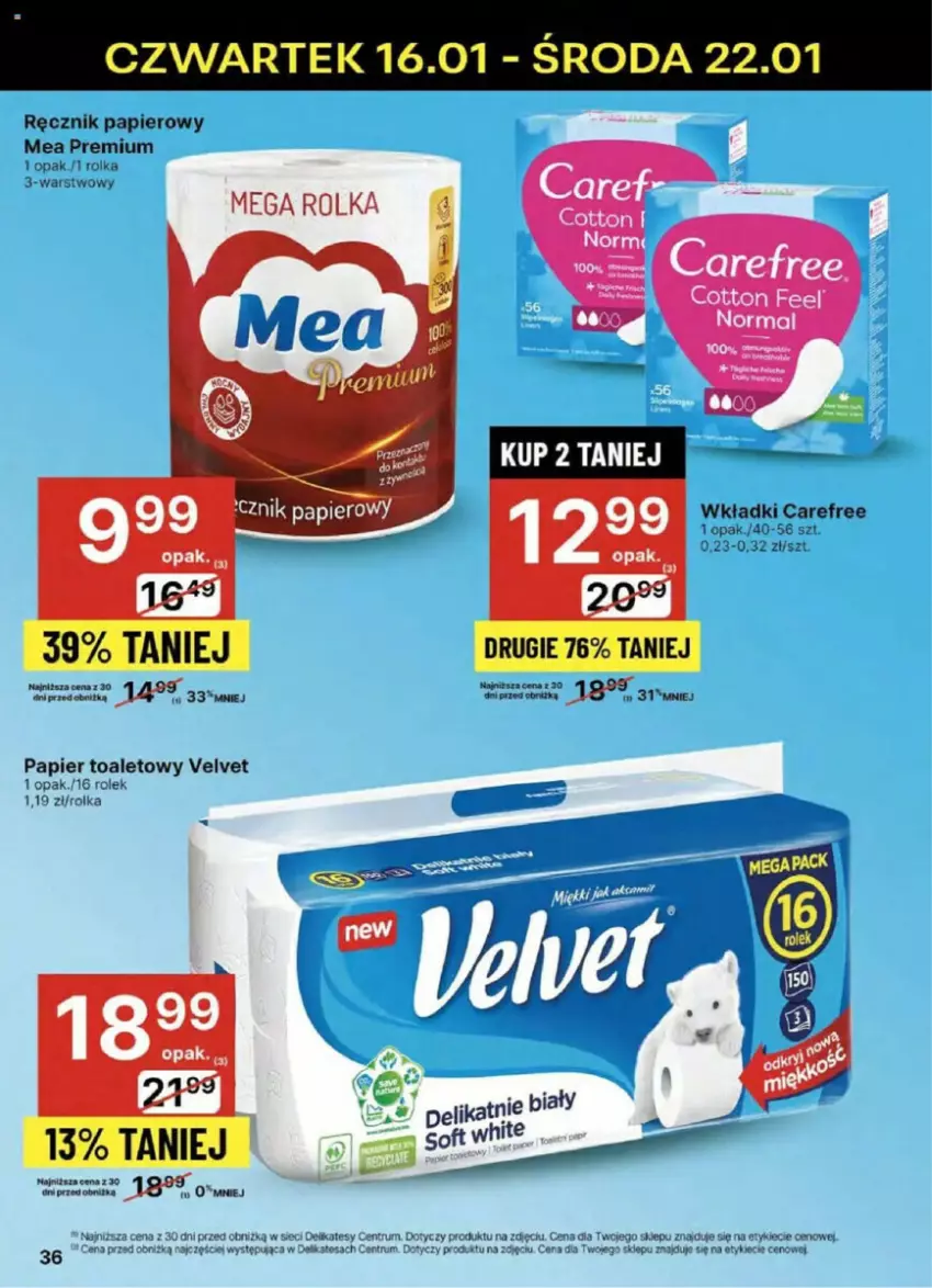 Gazetka promocyjna Delikatesy Centrum - ważna 16.01 do 21.01.2025 - strona 30 - produkty: Carefree, Papier, Papier toaletowy, Ręcznik, Rum, Velvet, Wkładki