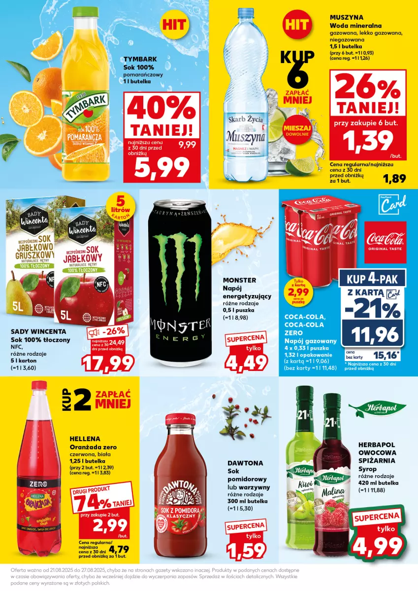 Gazetka promocyjna Kaufland - Mocny Start - ważna 25.08 do 27.08.2025 - strona 23 - produkty: Coca-Cola, Dawtona, Hellena, Herbapol, Kiwi, Mus, Napój, Oranżada, Sok, Szyna, Woda, Woda mineralna
