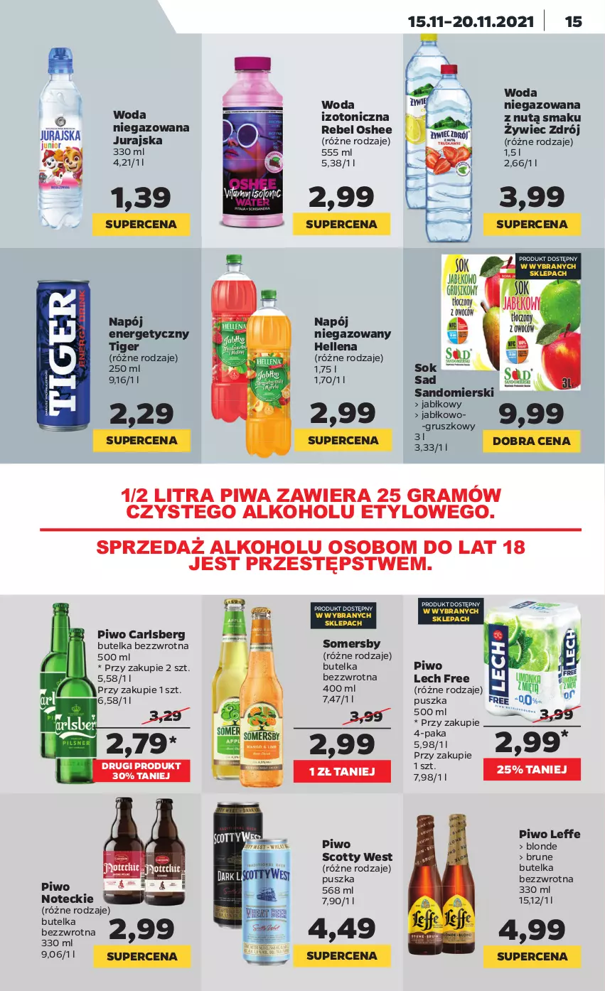 Gazetka promocyjna Netto - Gazetka spożywcza - ważna 15.11 do 20.11.2021 - strona 15 - produkty: Carlsberg, Gra, Hellena, Napój, Napój energetyczny, Napój niegazowany, Oshee, Piwa, Piwo, Sok, Somersby, Tiger, Woda, Woda niegazowana