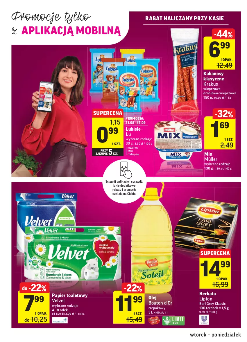 Gazetka promocyjna Intermarche - Gazetka promocyjna - ważna 31.08 do 06.09.2021 - strona 24 - produkty: Earl Grey, Herbata, Kabanos, Krakus, Lipton, Lubisie, Mobil, Müller, Olej, Papier, Papier toaletowy, Velvet