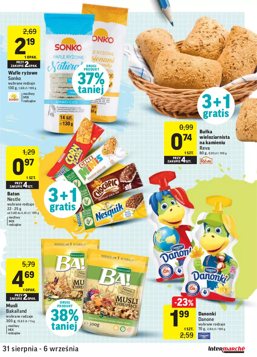 Gazetka promocyjna Intermarche - Gazetka promocyjna - ważna 31.08 do 06.09.2021 - strona 3 - produkty: Bakalland, Baton, Bułka, Bułka wieloziarnista, Danone, Danonki, Gra, Mus, Ryż, Sonko, Wafle