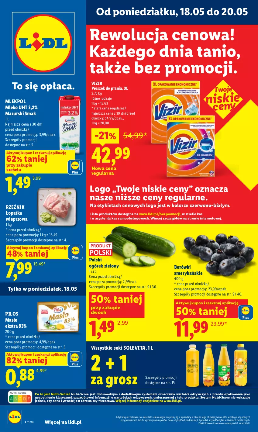 Gazetka promocyjna Lidl - Gazetka ważna od 18.05 do 20.05 - ważna 18.05 do 20.05.2026 - strona 1 - produkty: Masło, Mleko, Ogórek, Pilos, Proszek do prania, Sok, Vizir