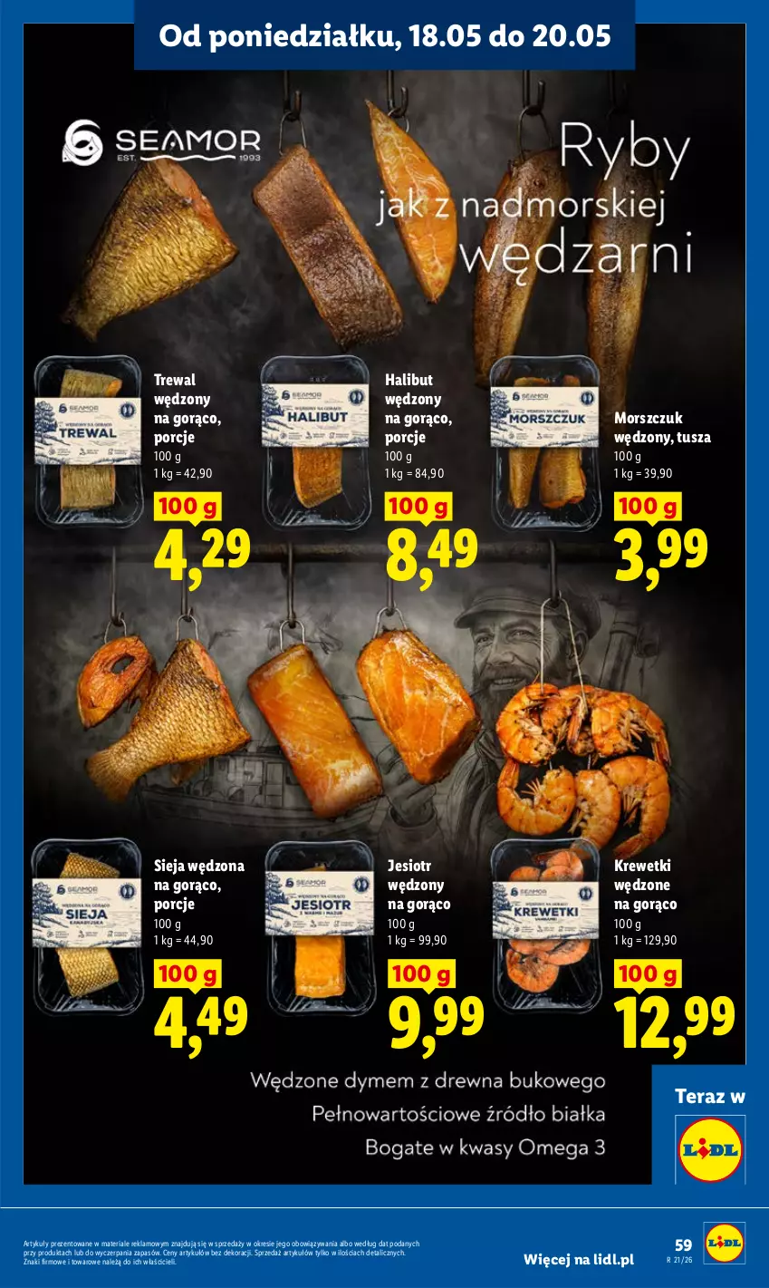 Gazetka promocyjna Lidl - Gazetka ważna od 18.05 do 20.05 - ważna 18.05 do 20.05.2026 - strona 61 - produkty: Halibut, Krewetki, Por, Sieja wędzona, Tera, Tusz