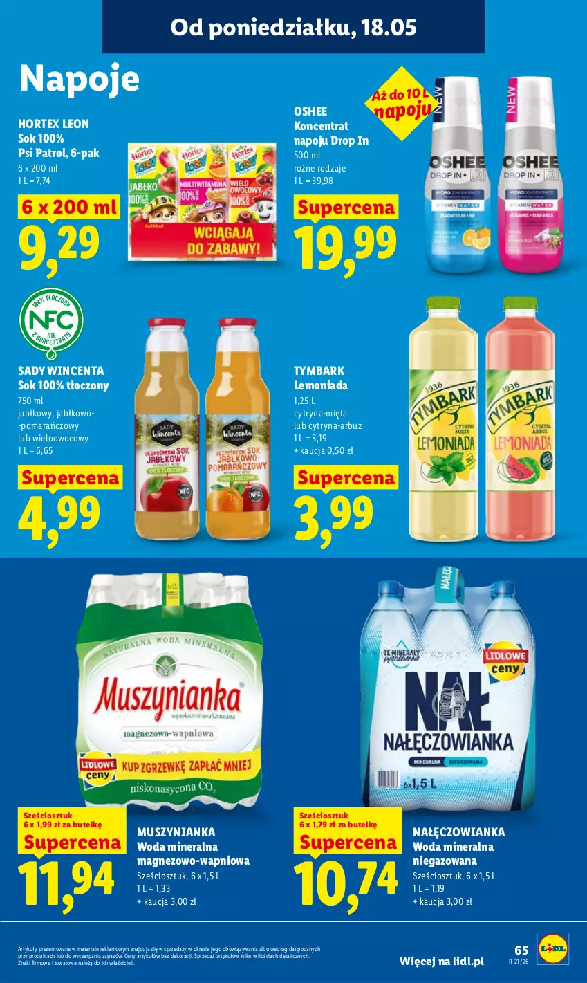 Gazetka promocyjna Lidl - Gazetka ważna od 18.05 do 20.05 - ważna 18.05 do 20.05.2026 - strona 67 - produkty: Arbuz, Hortex, Lemoniada, Leon, Magnez, Mięta, Mus, Muszynianka, Nałęczowianka, Napoje, Oshee, Psi Patrol, Sok, Tymbark, Woda, Woda mineralna