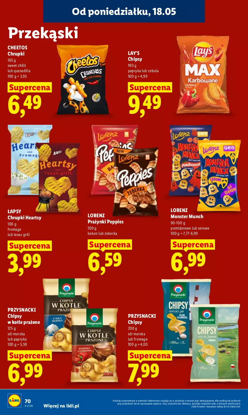 Gazetka promocyjna Lidl - Gazetka ważna od 18.05 do 20.05 - ważna 18.05 do 20.05.2026 - strona 74 - produkty: Beko, Cebula, Cheetos, Chipsy, Chrupki, Grill, Lay’s, Lorenz, Monster Munch, Papryka, Przysnacki, Ser, Sól