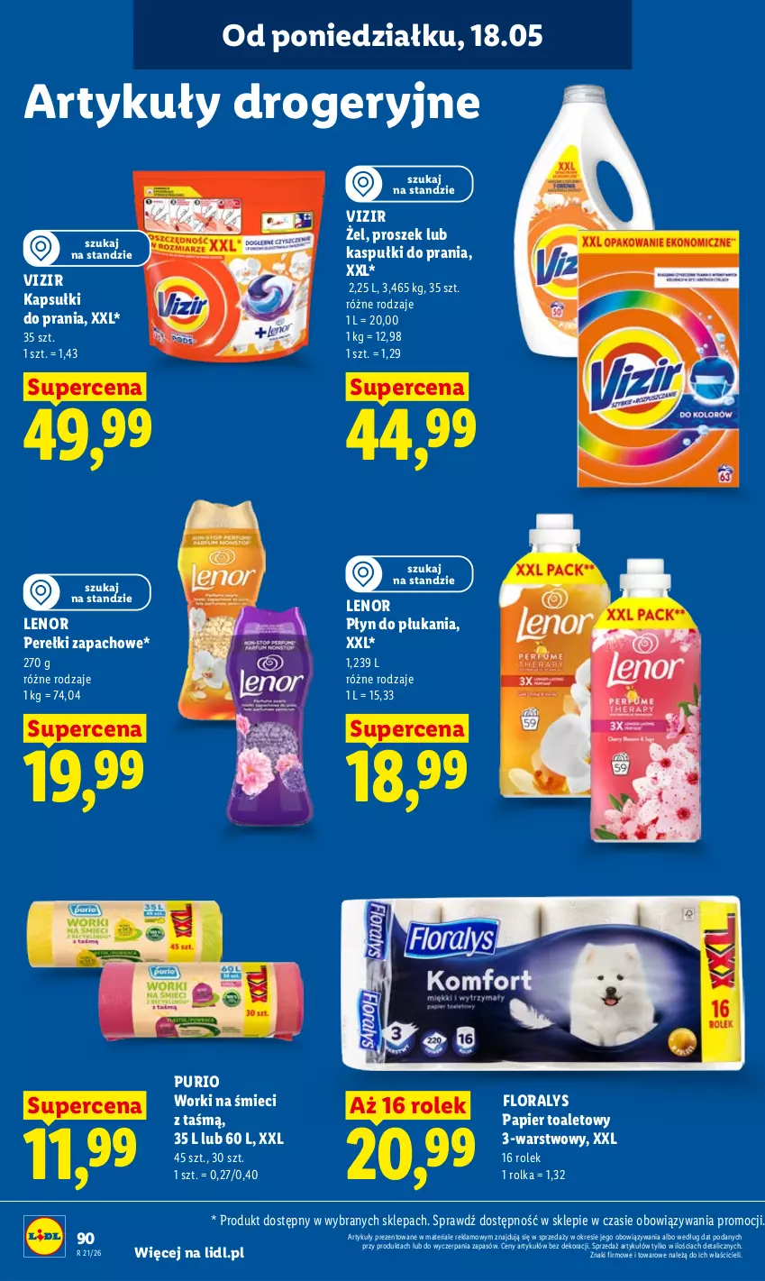 Gazetka promocyjna Lidl - Gazetka ważna od 18.05 do 20.05 - ważna 18.05 do 20.05.2026 - strona 94 - produkty: Flora, Kapsułki do prania, Lenor, Papier, Papier toaletowy, Perełki zapachowe, Płyn do płukania, Pur, Vizir, Worki na śmiec, Worki na śmieci