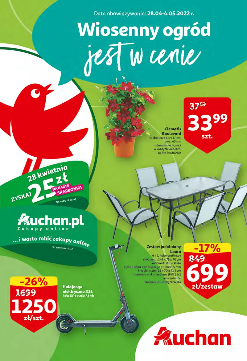 Gazetka promocyjna Auchan - Wiosenny ogród jest w cenie Hipermarkety - ważna 28.04 do 04.05.2022 - strona 1 - produkty: Gra, Jadalnia, Krzesło, Laur, Stół