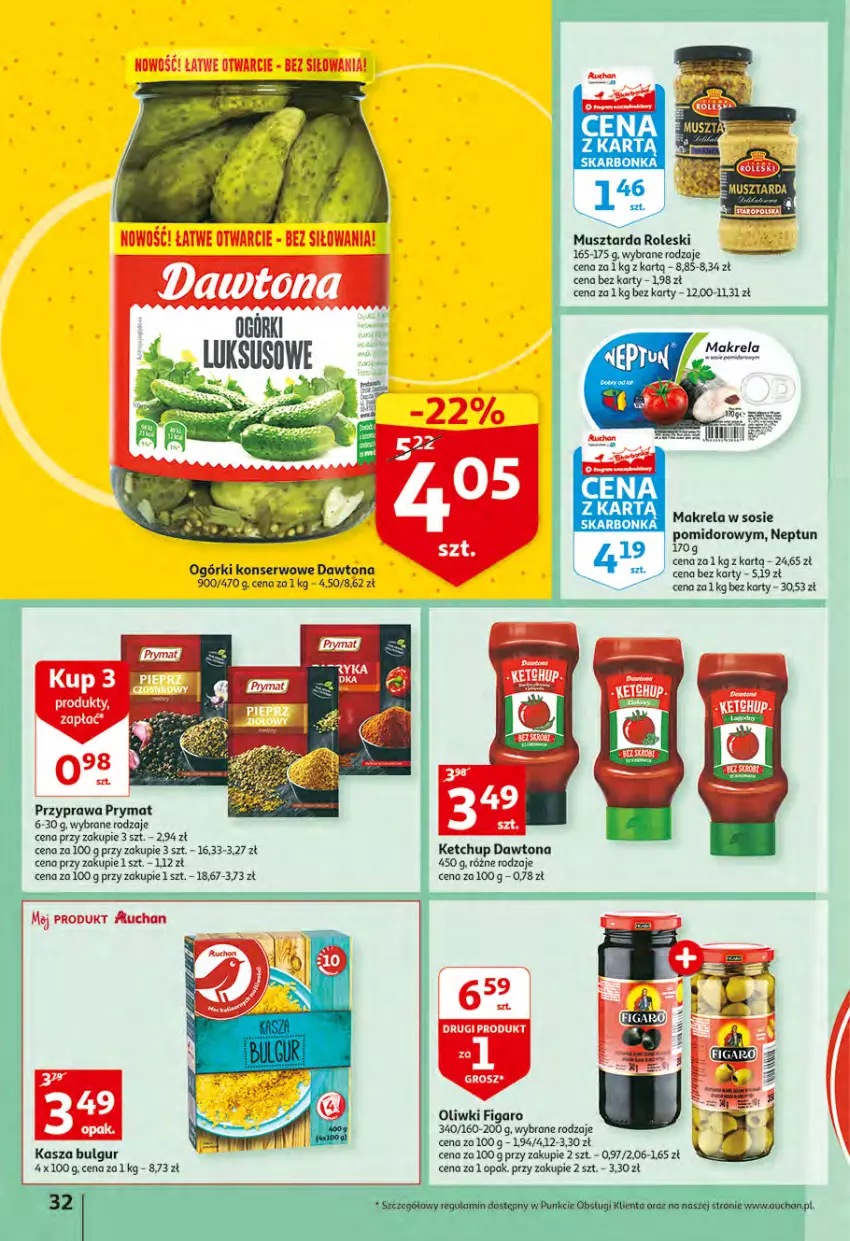 Gazetka promocyjna Auchan - Wiosenny ogród jest w cenie Hipermarkety - ważna 28.04 do 04.05.2022 - strona 32 - produkty: Bulgur, Dawtona, Kasza, Ketchup, LG, Mus, Musztarda, Ogórki konserwowe, Oliwki, Prymat, Ser, Sos