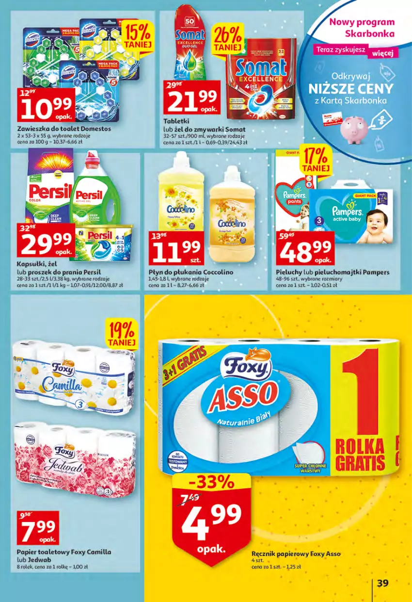 Gazetka promocyjna Auchan - Wiosenny ogród jest w cenie Hipermarkety - ważna 28.04 do 04.05.2022 - strona 39 - produkty: Coccolino, Domestos, Foxy, Gra, Majtki, Pampers, Papier, Papier toaletowy, Persil, Pieluchomajtki, Pieluchy, Płyn do płukania, Proszek do prania, Ręcznik, Somat, Tablet, Tera, Zmywarki