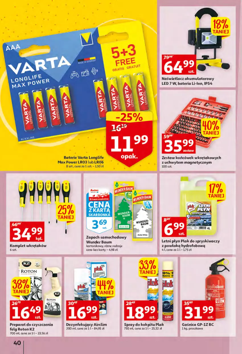 Gazetka promocyjna Auchan - Wiosenny ogród jest w cenie Hipermarkety - ważna 28.04 do 04.05.2022 - strona 40 - produkty: Akumulator, Bateria, Gaśnica, K2, LG, Naświetlacz, Preparat do czyszczenia, Tonik, Varta, Wkręt, Zestaw końcówek
