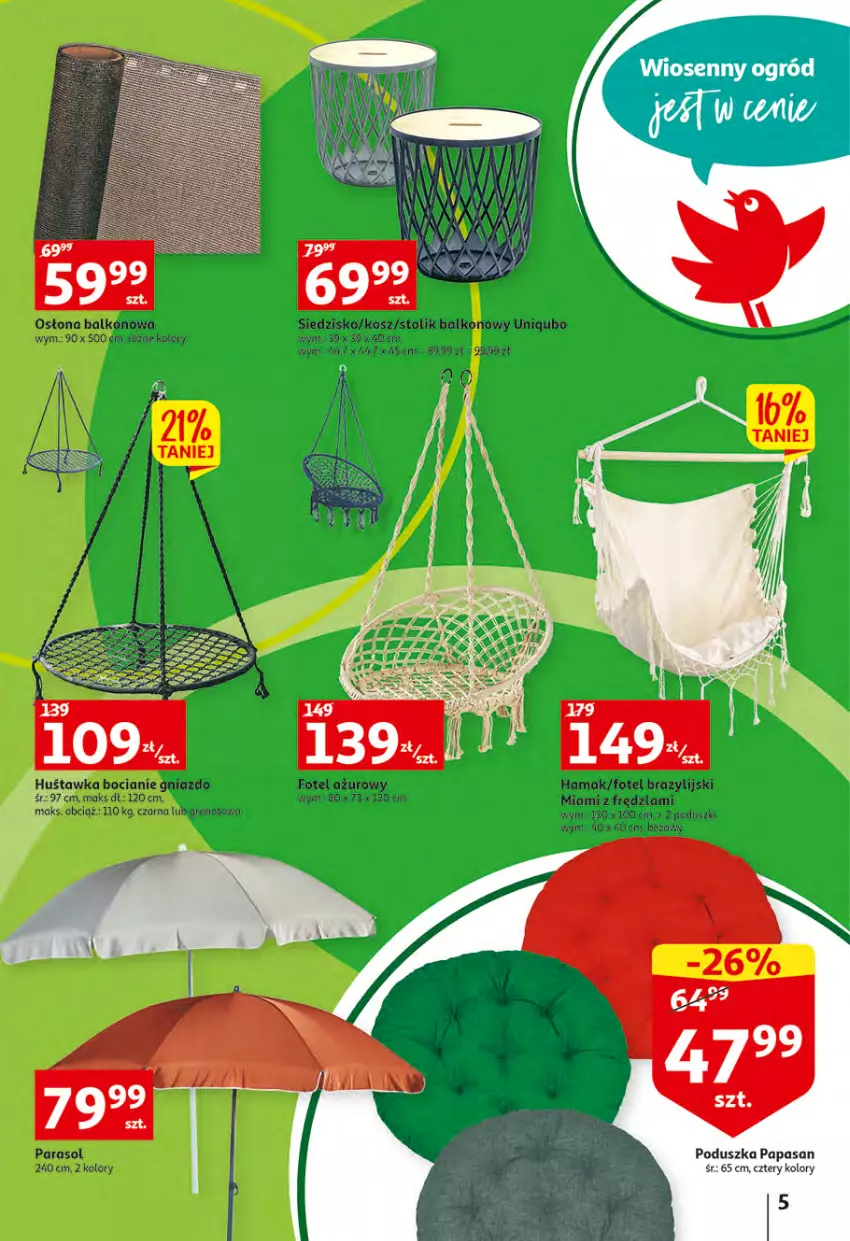 Gazetka promocyjna Auchan - Wiosenny ogród jest w cenie Hipermarkety - ważna 28.04 do 04.05.2022 - strona 5 - produkty: Fotel, Hama, Huśtawka, Kosz, Parasol, Siedzisko, Stolik