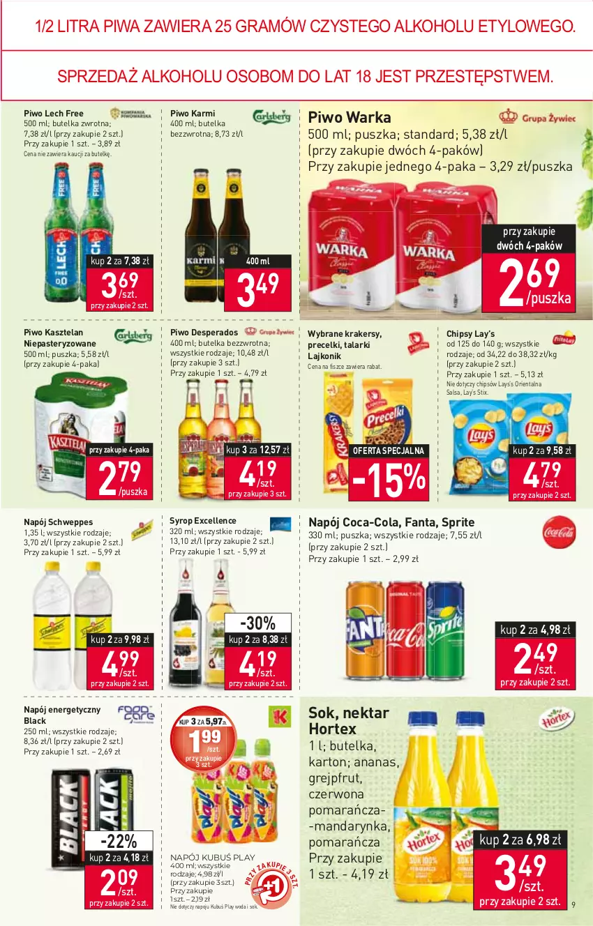 Gazetka promocyjna Stokrotka - Market - ważna 28.07 do 03.08.2022 - strona 9 - produkty: Ananas, Chipsy, Coca-Cola, Desperados, Fa, Fanta, Gra, Grejpfrut, Hortex, Karmi, Kasztelan, Krakersy, Kubuś, Lack, Lajkonik, Lay’s, Napój, Napój energetyczny, Nektar, Piwa, Piwo, Precelki, Salsa, Schweppes, Sok, Sprite, Syrop, Warka, Woda