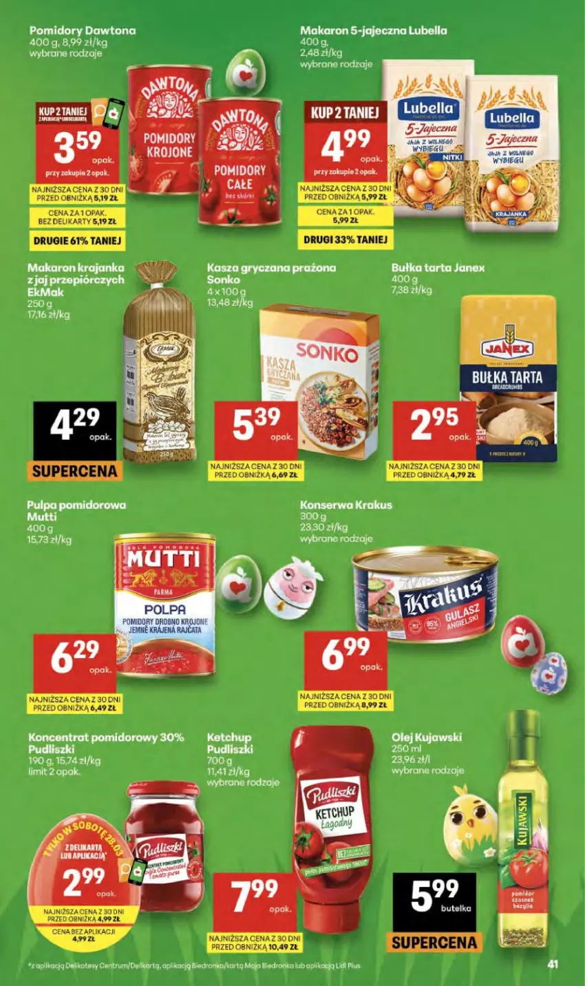 Gazetka promocyjna Delikatesy Centrum - Franczyza DC13 Czwartek - ważna 26.03 do 01.04.2026 - strona 41 - produkty: Bell, Bella, Dawtona, Dell, Gry, Kasza, Kasza gryczana, Ketchup, Koncentrat pomidorowy, Krakus, Lubella, Makaron, Pomidory, Pudliszki, Pulpa pomidorowa, Rum, Ser, Szal
