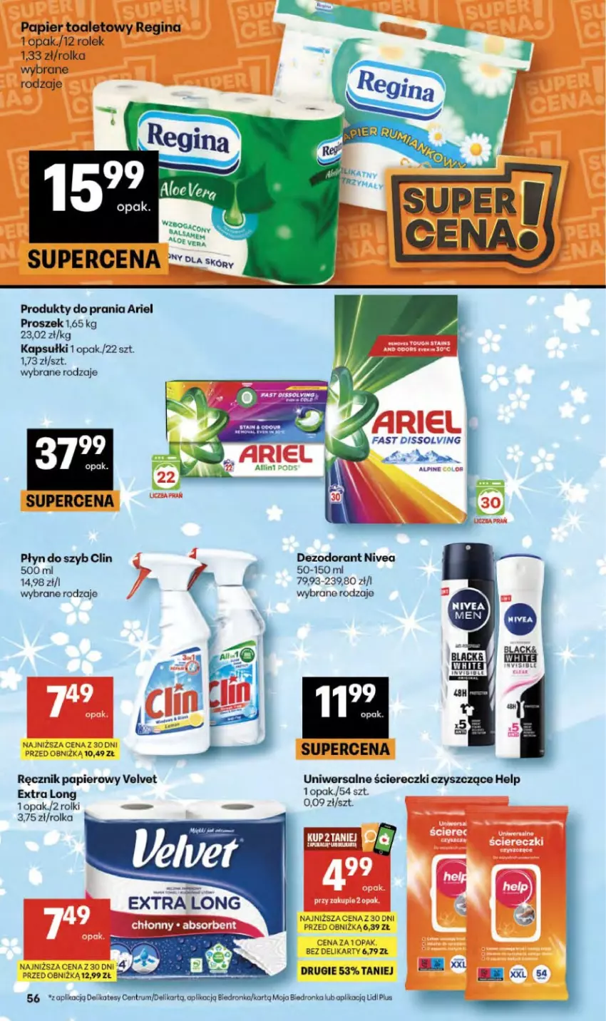 Gazetka promocyjna Delikatesy Centrum - Franczyza DC13 Czwartek - ważna 26.03 do 01.04.2026 - strona 56 - produkty: Ariel, Clin, Dezodorant, Fa, Gin, Lack, Nivea, Papier, Papier toaletowy, Płyn do szyb, Ręcznik, Rolki, Rum, Velvet