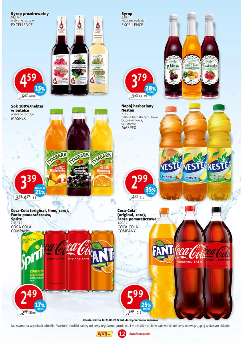 Gazetka promocyjna Prim Market - ważna 17.03 do 23.03.2022 - strona 12 - produkty: Coca-Cola, Fa, Fanta, Gin, Herbata, Kret, Napój, Nektar, Nestea, Sok, Sprite, Syrop