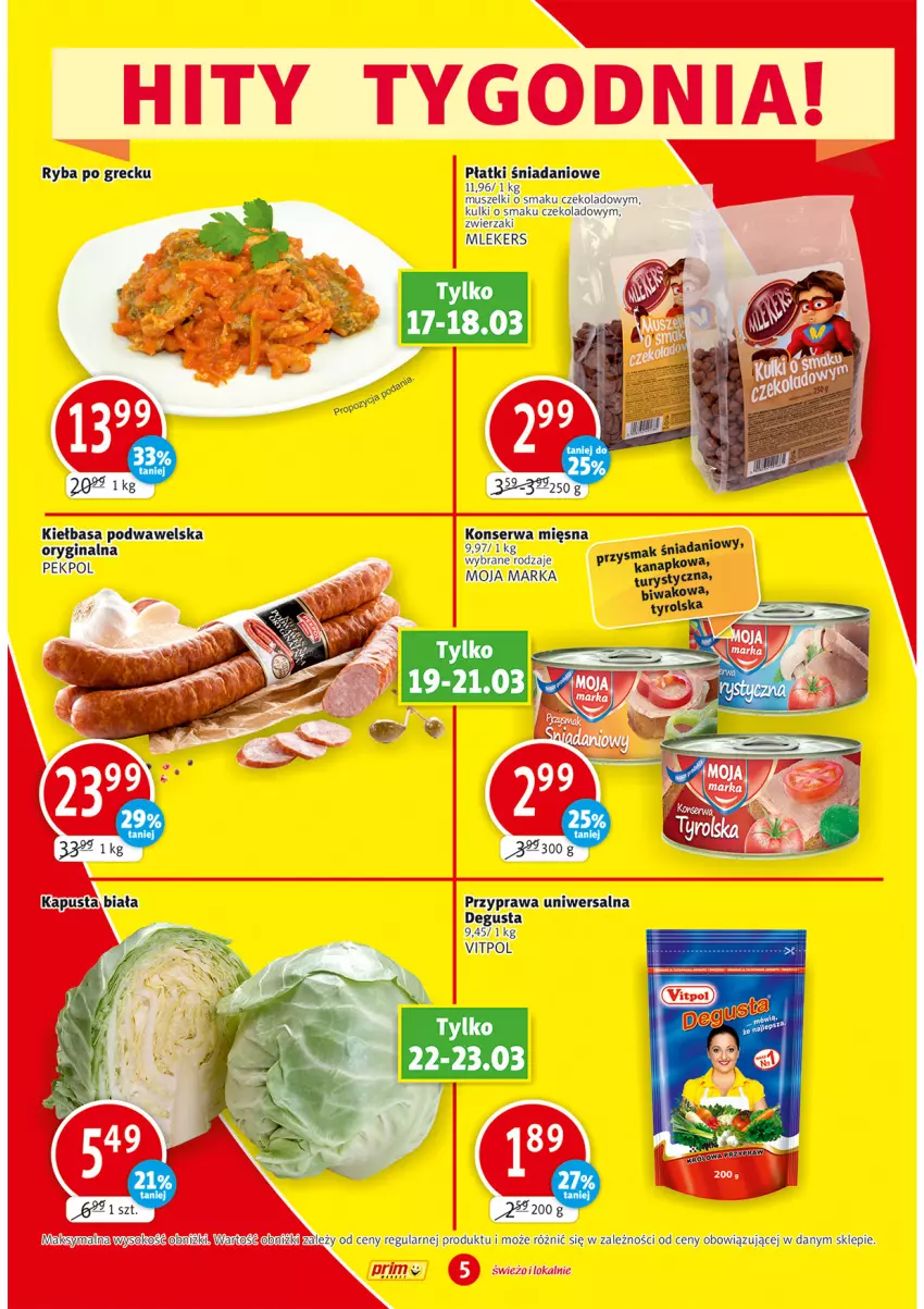 Gazetka promocyjna Prim Market - ważna 17.03 do 23.03.2022 - strona 5 - produkty: Danio, Gin, Kiełbasa, Kiełbasa podwawelska, Mus, Pekpol, Przyprawa uniwersalna, Ryba, Ryba po grecku, Ser, Wawel