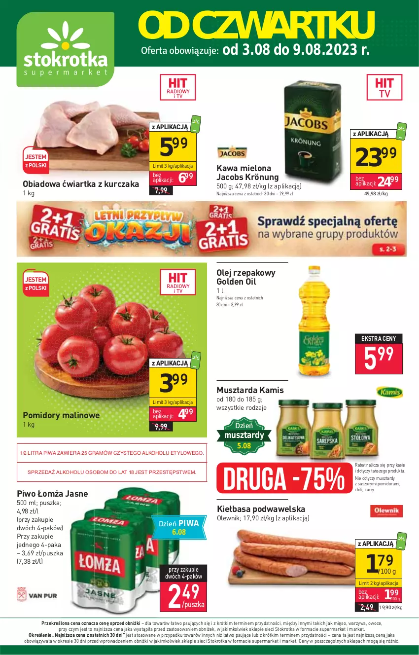 Gazetka promocyjna Stokrotka - Supermarket - ważna 03.08 do 09.08.2023 - strona 1 - produkty: Gra, Jacobs, Jacobs Krönung, Kamis, Kawa, Kawa mielona, Kiełbasa, Kiełbasa podwawelska, Kurczak, Mięso, Mus, Musztarda, Olej, Olej rzepakowy, Olewnik, Owoce, Piwa, Piwo, Pomidory, Warzywa, Wawel