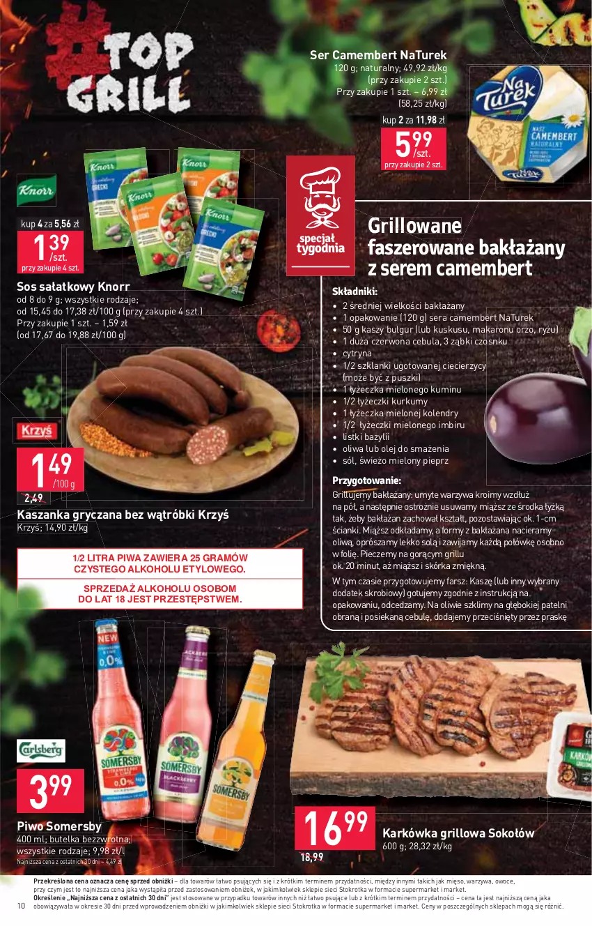 Gazetka promocyjna Stokrotka - Supermarket - ważna 03.08 do 09.08.2023 - strona 10 - produkty: Bazyl, Bulgur, Camembert, Cebula, Fa, Gra, Grill, Gry, Imbir, Kasza, Kaszanka, Knorr, Kuskus, Lanki, LG, Makaron, Mięso, NaTurek, Olej, Oliwa, Owoce, Piec, Pieprz, Piwa, Piwo, Ryż, Sałat, Ser, Sok, Sokołów, Sól, Somersby, Sos, Warzywa