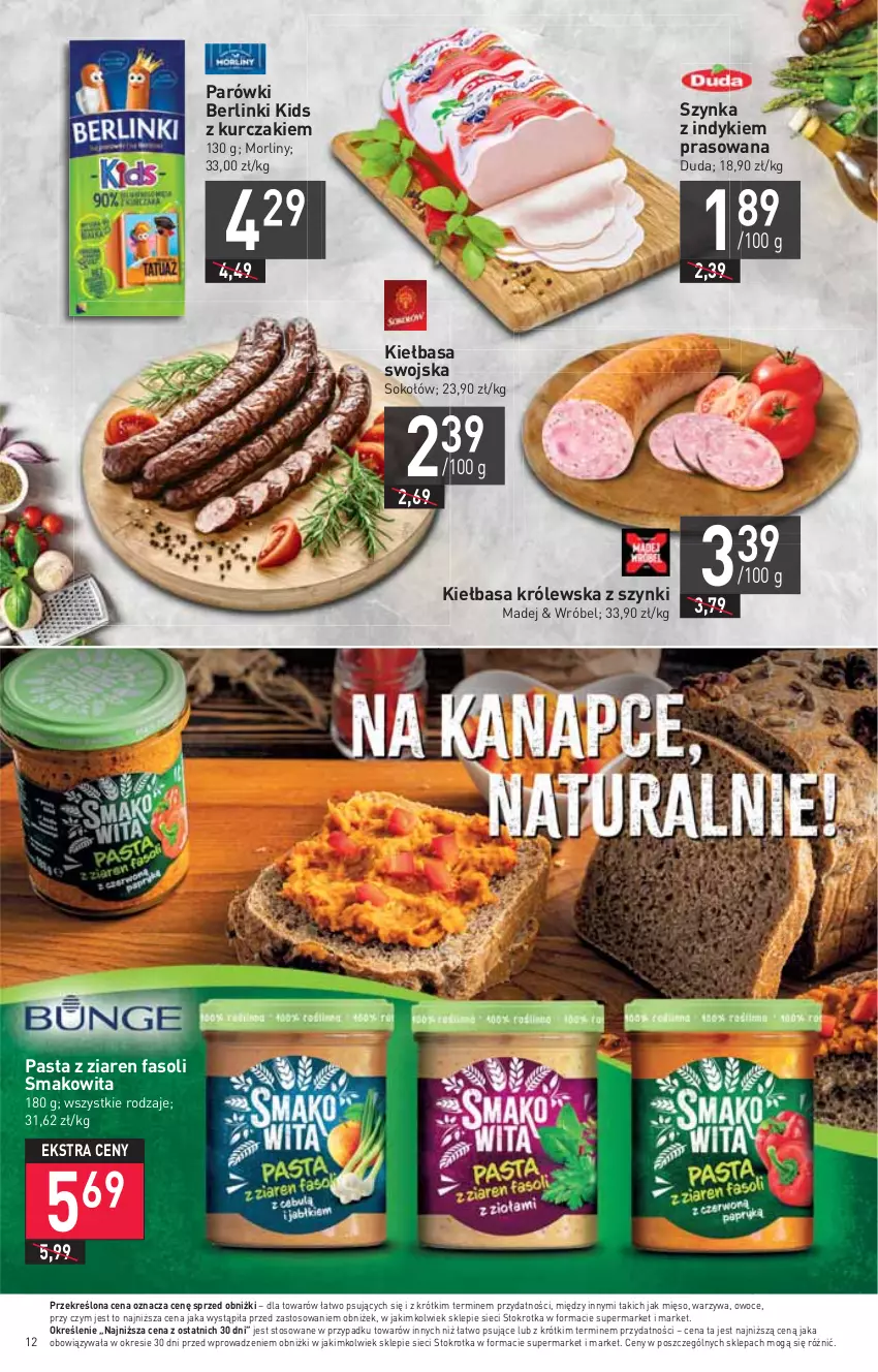 Gazetka promocyjna Stokrotka - Supermarket - ważna 03.08 do 09.08.2023 - strona 12 - produkty: Berlinki, Duda, Fa, Kiełbasa, Kurczak, Mięso, Morliny, Owoce, Parówki, Smakowita, Sok, Sokołów, Szynka, Warzywa