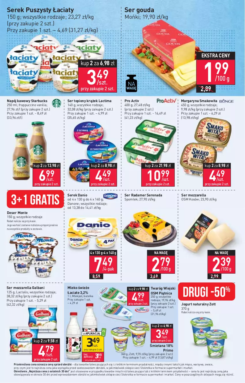 Gazetka promocyjna Stokrotka - Supermarket - ważna 03.08 do 09.08.2023 - strona 13 - produkty: Danio, Danone, Deser, Galbani, Gouda, Gra, Jogurt, Jogurt naturalny, Margaryna, Mięso, Mleko, Monte, Mozzarella, Napój, Owoce, Piątnica, Por, Radamer, Ser, Ser topiony, Serek, Serek puszysty, Smakowita, Top, Twaróg, Warzywa, Zott