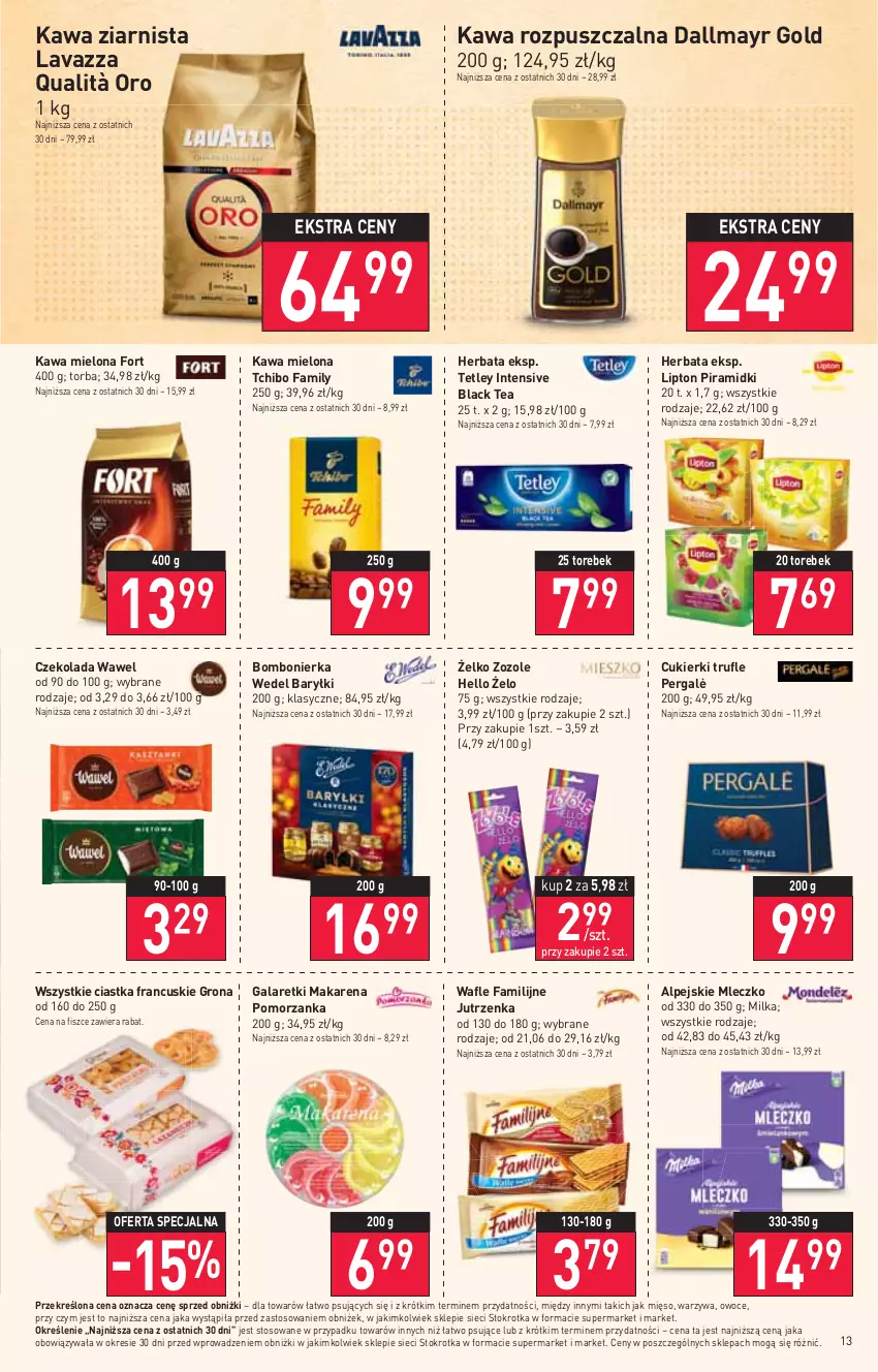 Gazetka promocyjna Stokrotka - Supermarket - ważna 03.08 do 09.08.2023 - strona 14 - produkty: Baryłki, Ciastka, Cukier, Cukierki, Czekolada, Dallmayr, Fa, Gala, Galaretki, Herbata, Jutrzenka, Kawa, Kawa mielona, Kawa rozpuszczalna, Kawa ziarnista, Lack, Lavazza, Lipton, Mięso, Milka, Mleczko, Owoce, Tchibo, Tchibo Family, Tetley, Torba, Wafle, Warzywa, Wawel