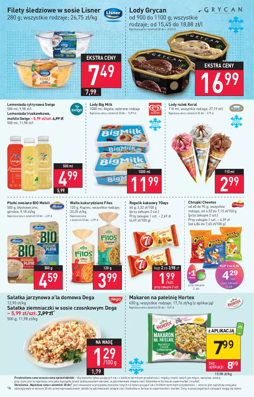 Gazetka promocyjna Stokrotka - Supermarket - ważna 03.08 do 09.08.2023 - strona 17 - produkty: Algida, Big Milk, Cheetos, Chrupki, Dega, Gra, Gry, Hortex, Kakao, Kupiec, Lemoniada, LG, Lisner, Lody, Makaron, Melvit, Mięso, Owoce, Piec, Piwa, Płatki owsiane, Rogal, Sałat, Sałatka, Sos, Wafle, Warzywa