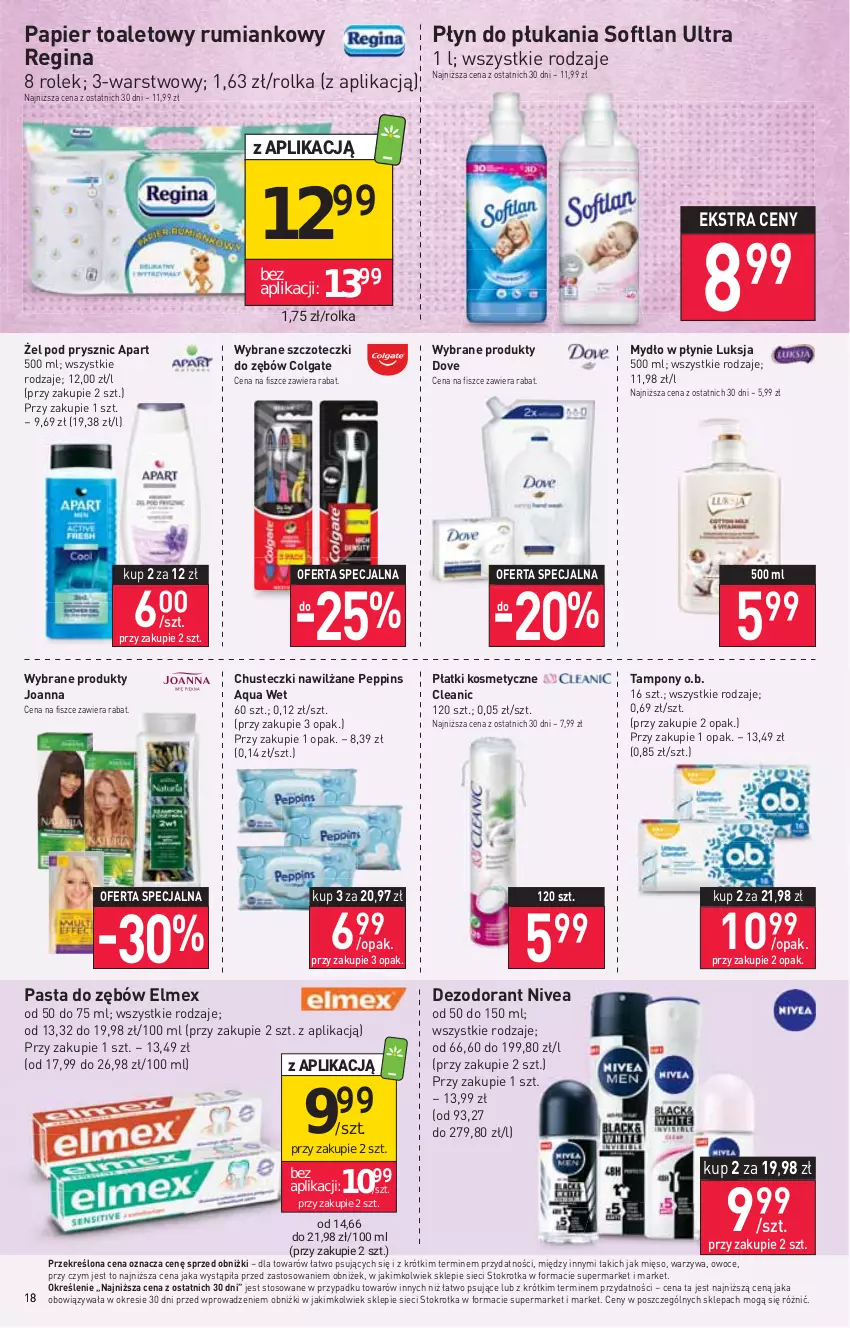 Gazetka promocyjna Stokrotka - Supermarket - ważna 03.08 do 09.08.2023 - strona 19 - produkty: Chusteczki, Cleanic, Colgate, Dezodorant, Dove, Elmex, Gin, Joanna, LG, Luksja, Mięso, Mydło, Mydło w płynie, Nivea, O.B., Owoce, Papier, Papier toaletowy, Pasta do zębów, Płatki kosmetyczne, Płyn do płukania, Rum, Tampony, Warzywa