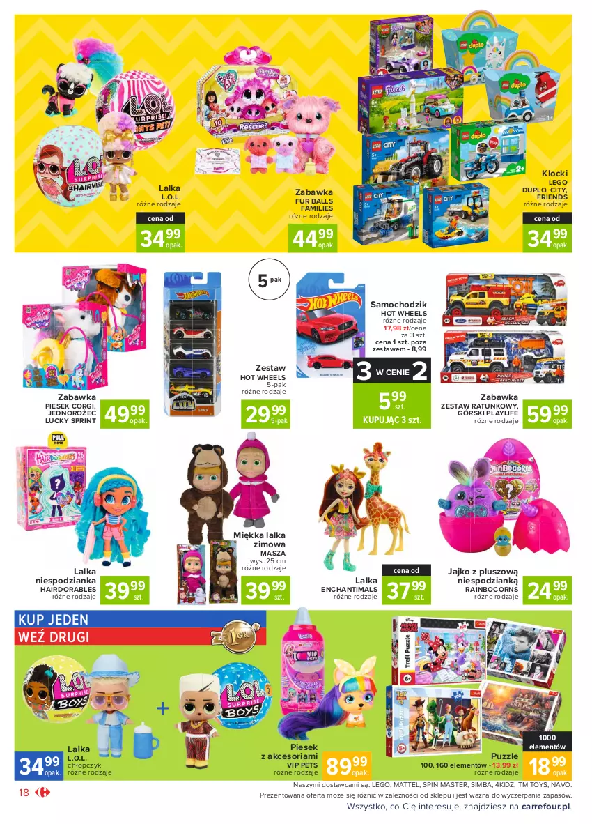 Gazetka promocyjna Carrefour - Gazetka Market - ważna 28.03 do 03.04.2021 - strona 18 - produkty: Chodzik, Enchantimals, Fa, Fur Balls, Hot Wheels, Jednorożec, Klocki, L.O.L., Lalka, LEGO, LEGO Duplo, Mattel, Puzzle, Zabawka