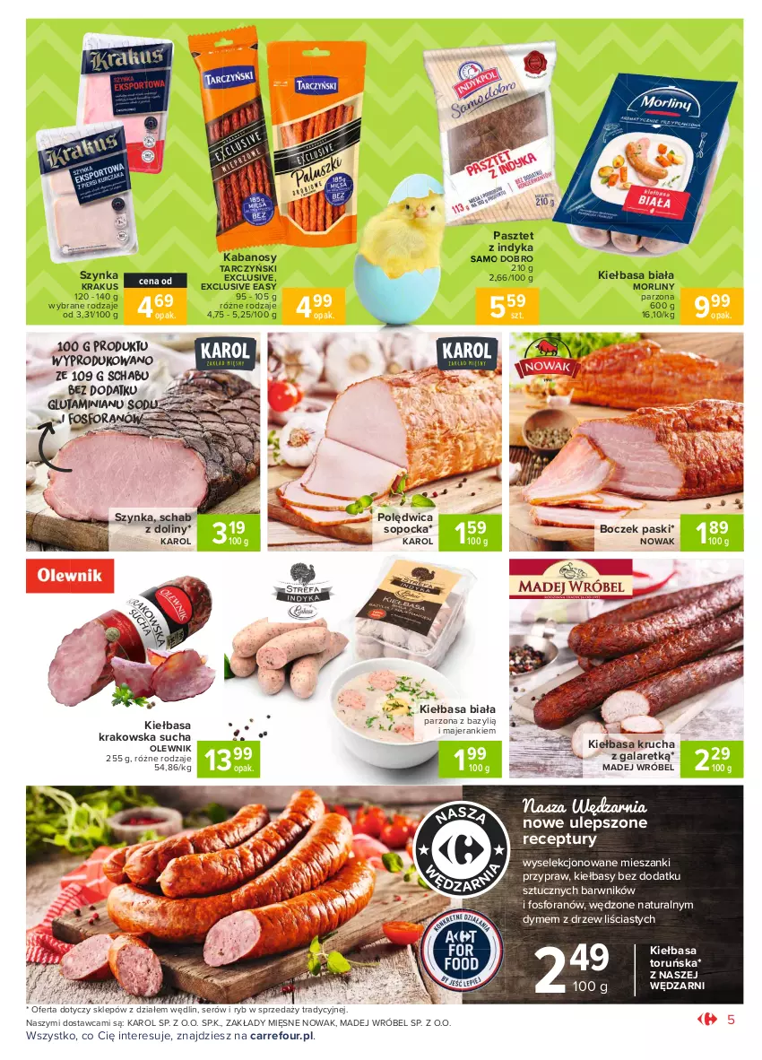 Gazetka promocyjna Carrefour - Gazetka Market - ważna 28.03 do 03.04.2021 - strona 5 - produkty: Bazyl, Boczek, Gala, Kabanos, Kiełbasa, Kiełbasa biała, Kiełbasa krakowska, Kiełbasa krucha, Krakus, Madej Wróbel, Morliny, NOWAK, Olewnik, Pasztet, Pasztet z indyka, Polędwica, Ser, Szynka, Tarczyński