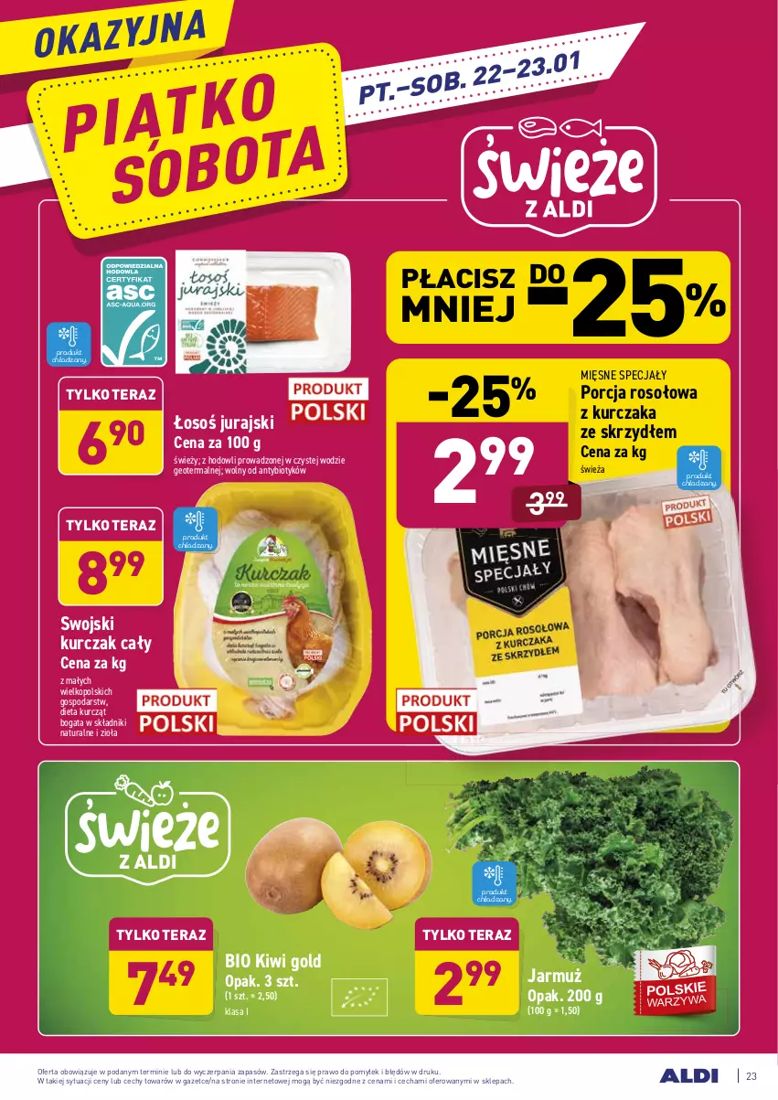 Gazetka promocyjna Aldi - ALE! CENA w ALDI - ważna 18.01 do 23.01.2021 - strona 23 - produkty: Jarmuż, Kiwi, Kurczak, Mięsne specjały, Por, Tera