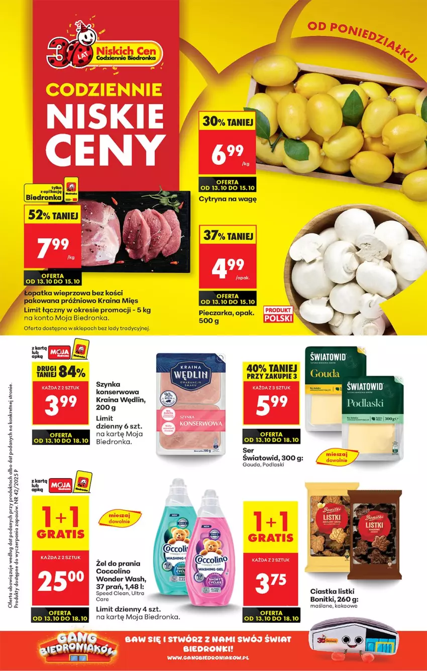 Gazetka promocyjna Biedronka - Od Poniedziałku - ważna 13.10 do 18.10.2025 - strona 1 - produkty: Bonitki, Ciastka, Coccolino, Gouda, Kakao, Kret, Piec, Pieczarka, Podlaski, Ser