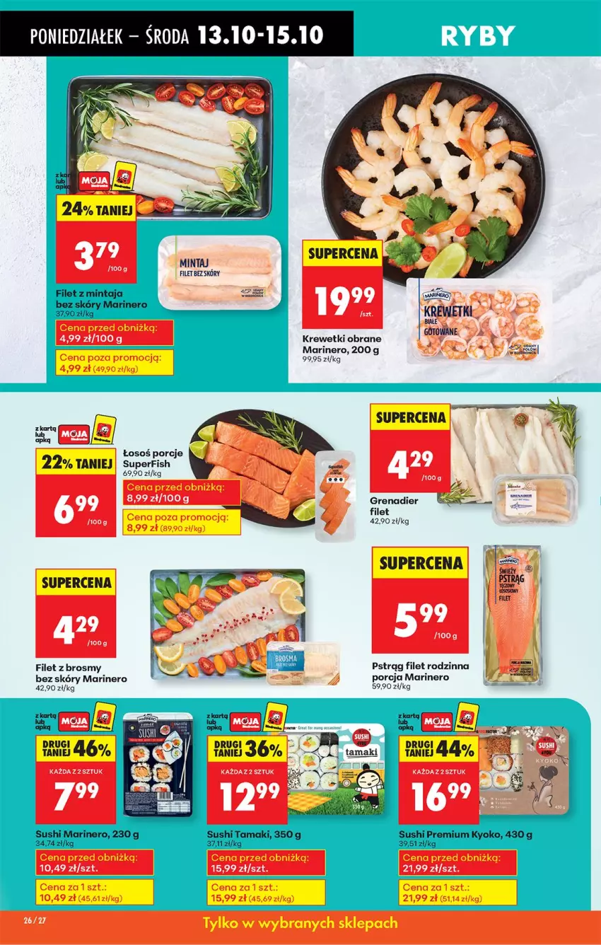 Gazetka promocyjna Biedronka - Od Poniedziałku - ważna 13.10 do 18.10.2025 - strona 32 - produkty: Filet z mintaja, Grenadier, Krewetki, Mintaj, Por, Pstrąg, Sushi