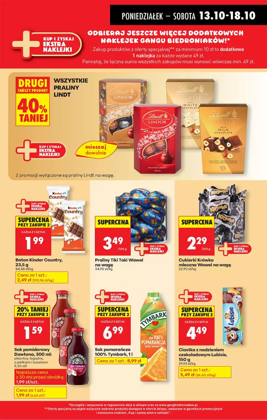 Gazetka promocyjna Biedronka - Od Poniedziałku - ważna 13.10 do 18.10.2025 - strona 41 - produkty: Baton, Buraki, Ciastka, Cukier, Cukierki, Dawtona, Kinder, Lindt, Lubisie, Praliny, Sok, Sok pomidorowy, Tymbark, Wawel