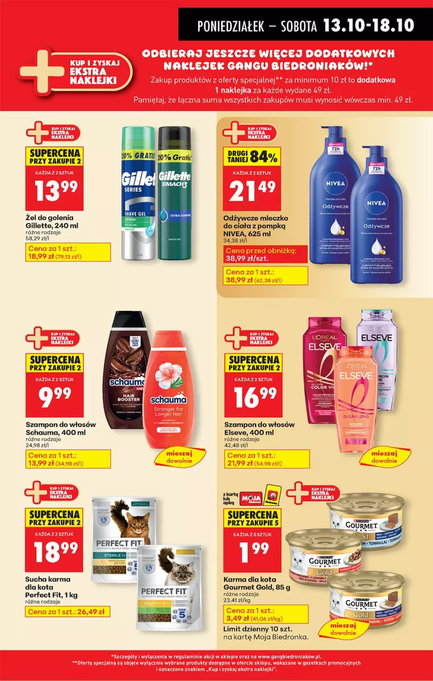 Gazetka promocyjna Biedronka - Od Poniedziałku - ważna 13.10 do 18.10.2025 - strona 45 - produkty: Elseve, Gillette, Gourmet Gold, Gra, Mleczko, Nivea, Schauma, Sucha karma, Szampon