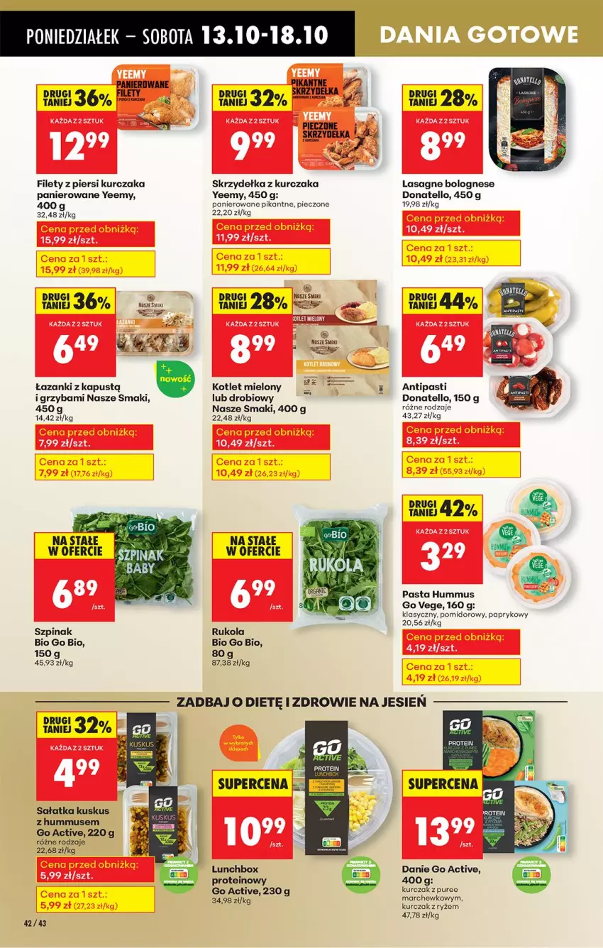 Gazetka promocyjna Biedronka - Od Poniedziałku - ważna 13.10 do 18.10.2025 - strona 52 - produkty: Hummus, Kapustą, Kotlet, Kurczak, Kuskus, Lasagne, Lasagne bolognese, Mus, Piec, Rukola, Ryż, Sałat, Sałatka, Skrzydełka z kurczaka, Szpinak, Waga, Zdrowie