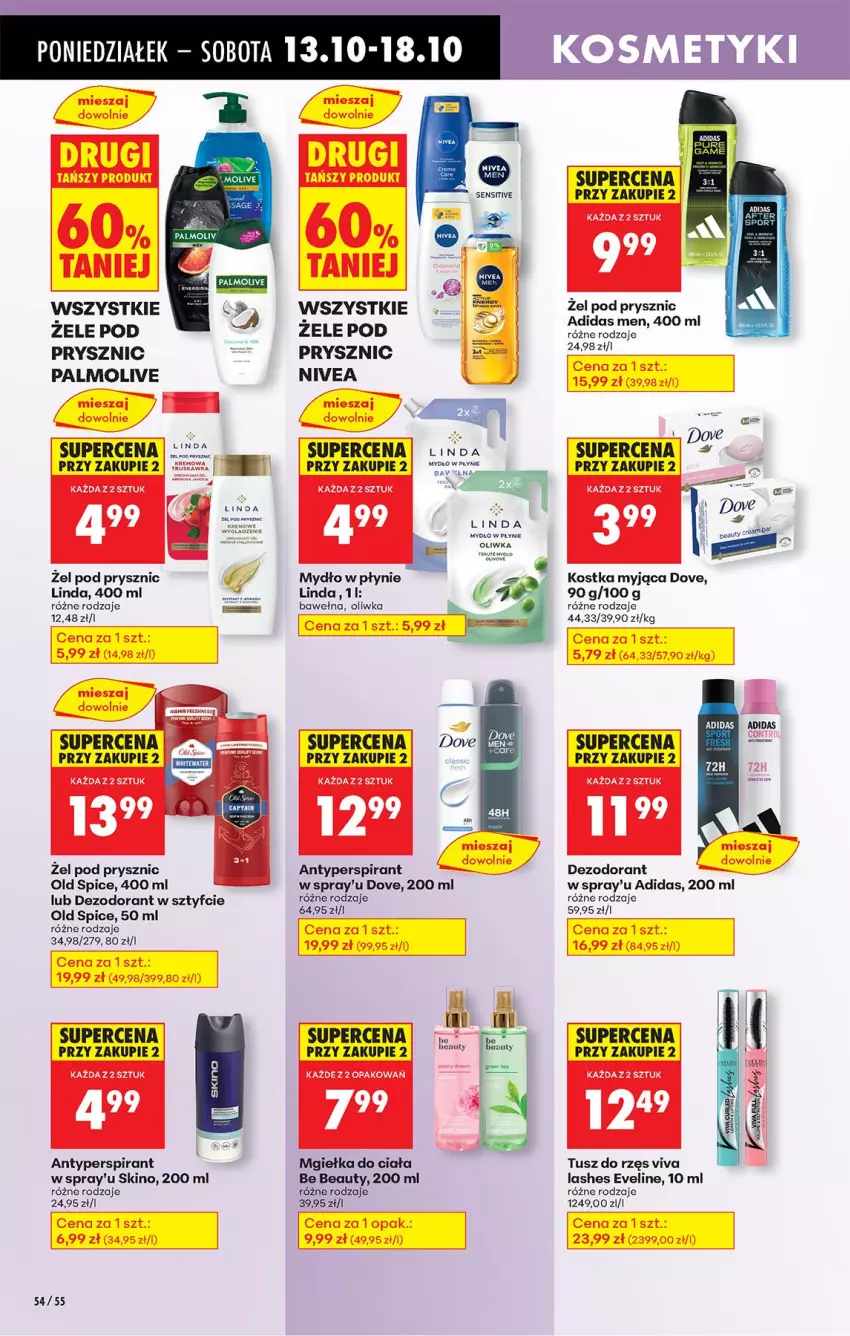 Gazetka promocyjna Biedronka - Od Poniedziałku - ważna 13.10 do 18.10.2025 - strona 64 - produkty: Adidas, Antyperspirant, Be Be, Dezodorant, Dove, Eveline, Kostka myjąca, Mydło, Mydło w płynie, Nivea, Old Spice, Palmolive, Tusz, Wełna