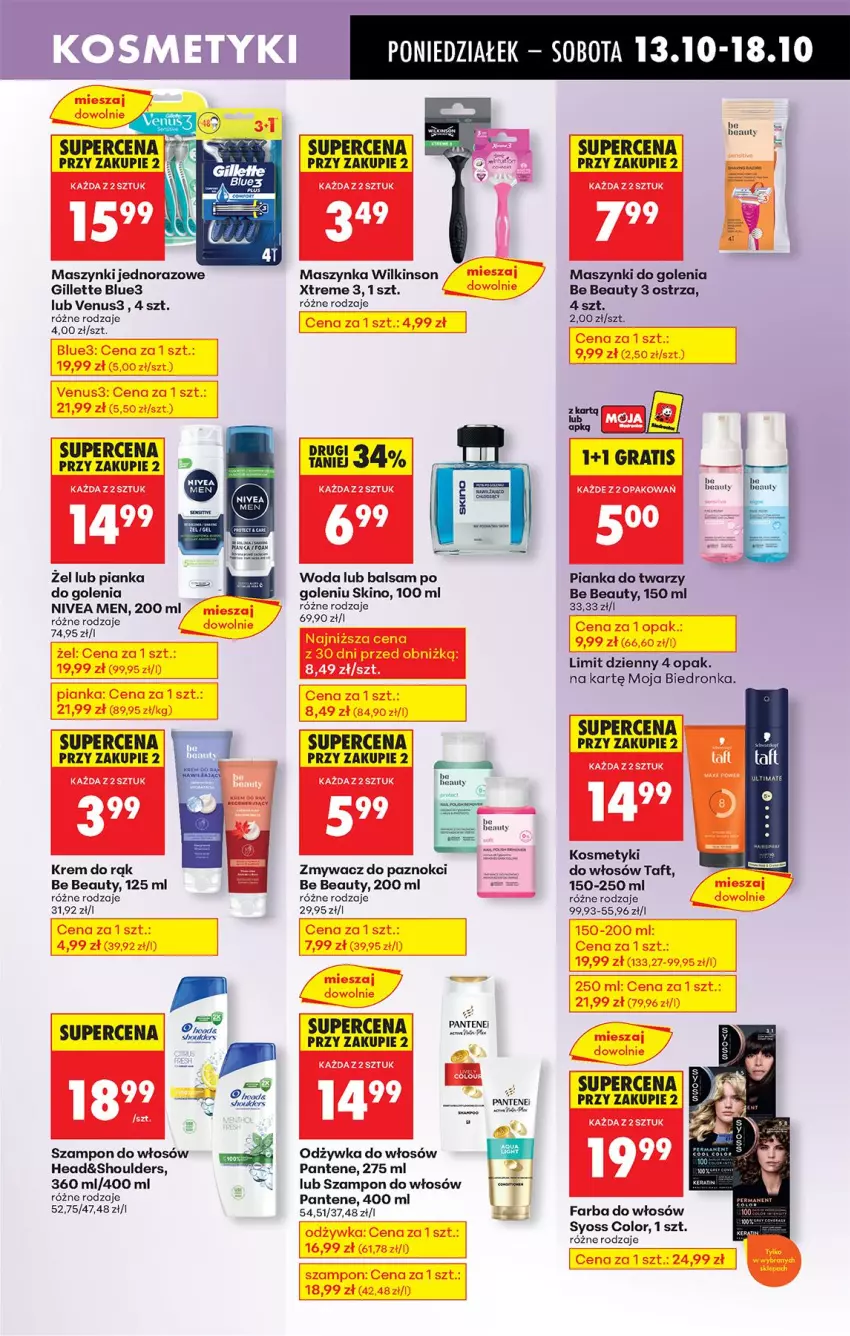 Gazetka promocyjna Biedronka - Od Poniedziałku - ważna 13.10 do 18.10.2025 - strona 65 - produkty: Be Be, Fa, Farba do włosów, Gillette, Gra, Krem do rąk, Maszynka, Nivea, Nivea Men, Odżywka, Pantene, Syoss, Szampon, Szynka, Taft, Venus, Woda, Zmywacz do paznokci