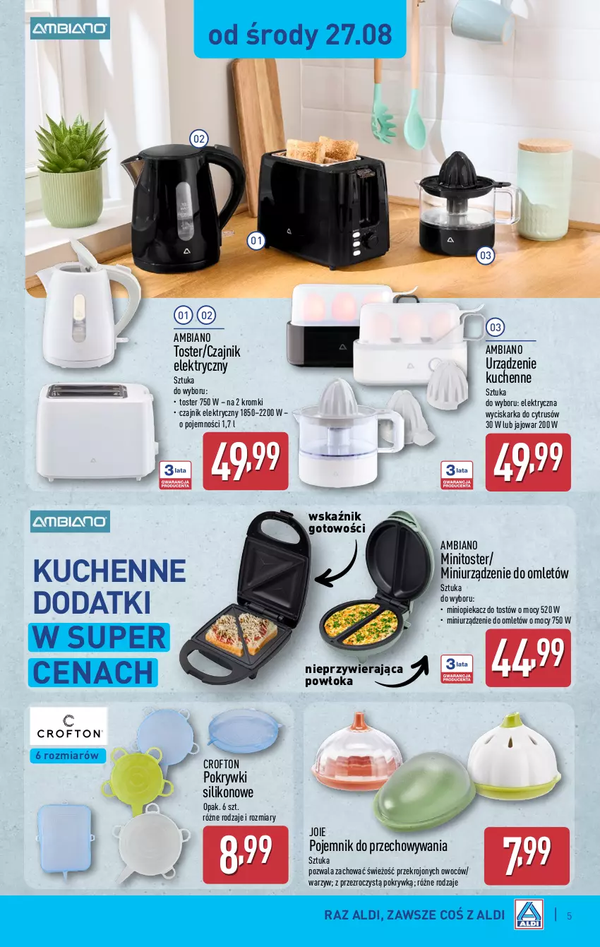 Gazetka promocyjna Aldi - Artykuły przemysłowe i tekstylia - ważna 27.08 do 30.08.2025 - strona 5 - produkty: Czajnik, Czajnik elektryczny, Pojemnik, Pojemnik do przechowywania, Toster, Wyciskarka