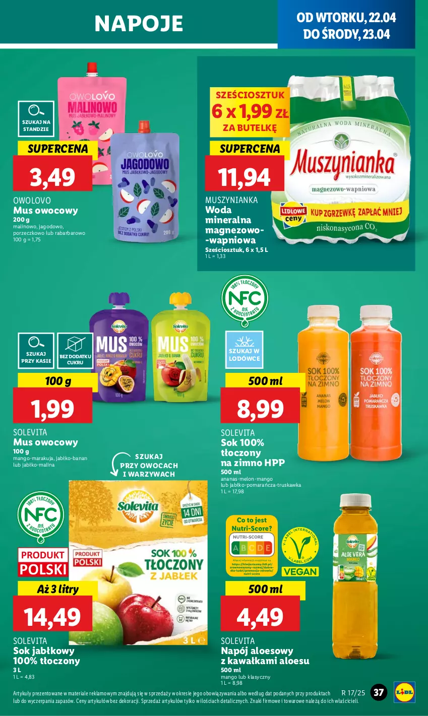 Gazetka promocyjna Lidl - GAZETKA - ważna 22.04 do 23.04.2025 - strona 39 - produkty: Ananas, HP, Kawa, Magnez, Mango, Melon, Mus, Muszynianka, Napój, Napoje, Por, Sok, Sok jabłkowy, Warzywa, Woda, Woda mineralna