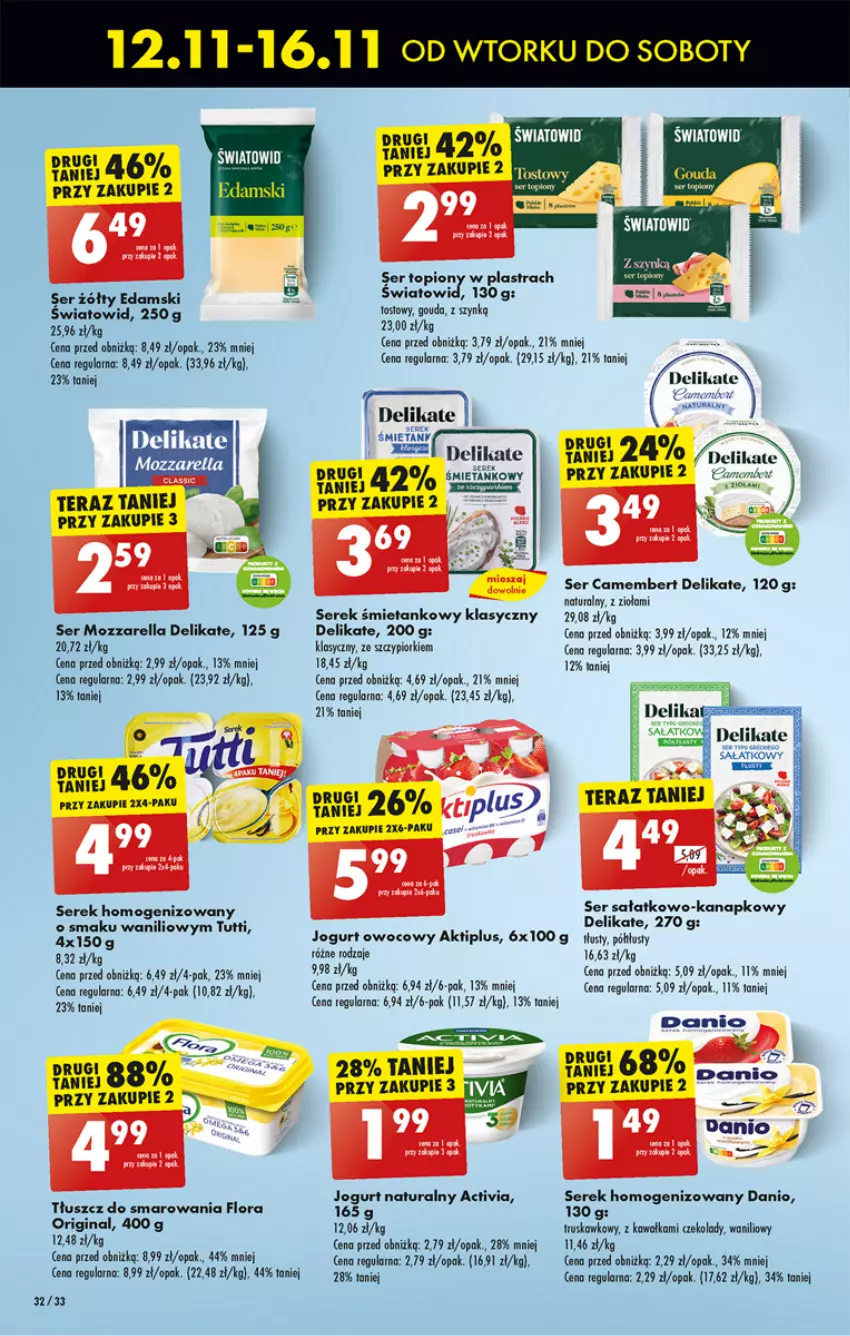 Gazetka promocyjna Biedronka - Od Poniedziałku - ważna 12.11 do 16.11.2024 - strona 34 - produkty: Activia, Aktiplus, BIC, Camembert, Danio, Edam, Flora, Gin, Gouda, Jogurt, Jogurt naturalny, Kawa, Mozzarella, Sałat, Ser, Ser sałatkowo-kanapkowy, Serek, Serek homogenizowany, Tera, Top