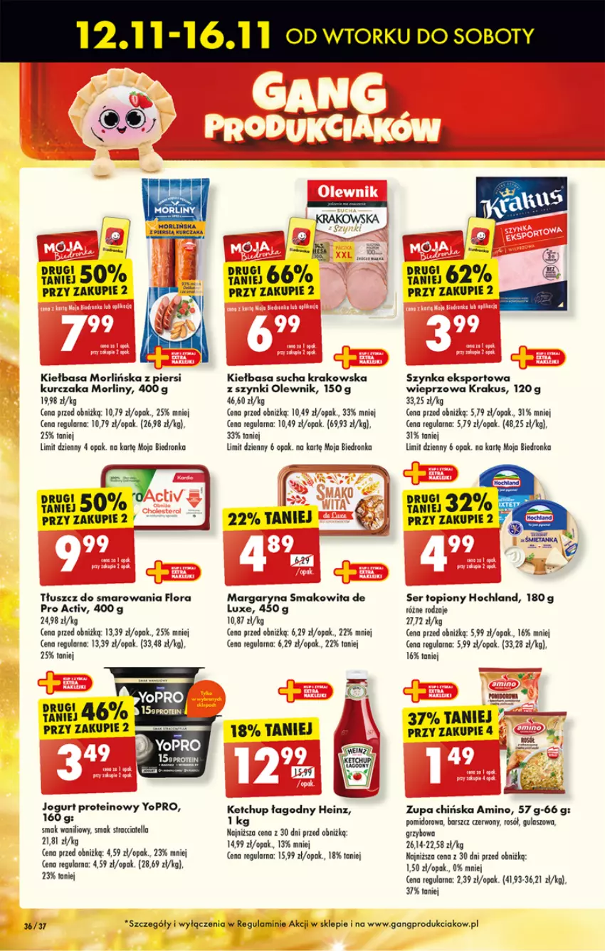 Gazetka promocyjna Biedronka - Od Poniedziałku - ważna 12.11 do 16.11.2024 - strona 42 - produkty: Flora, Heinz, Hochland, Jogurt, Ketchup, Kiełbasa, Krakus, Kurczak, Margaryna, Morliny, Olewnik, Por, Rosół, Ser, Ser topiony, Smakowita, Sport, Szynka, Top, Zupa