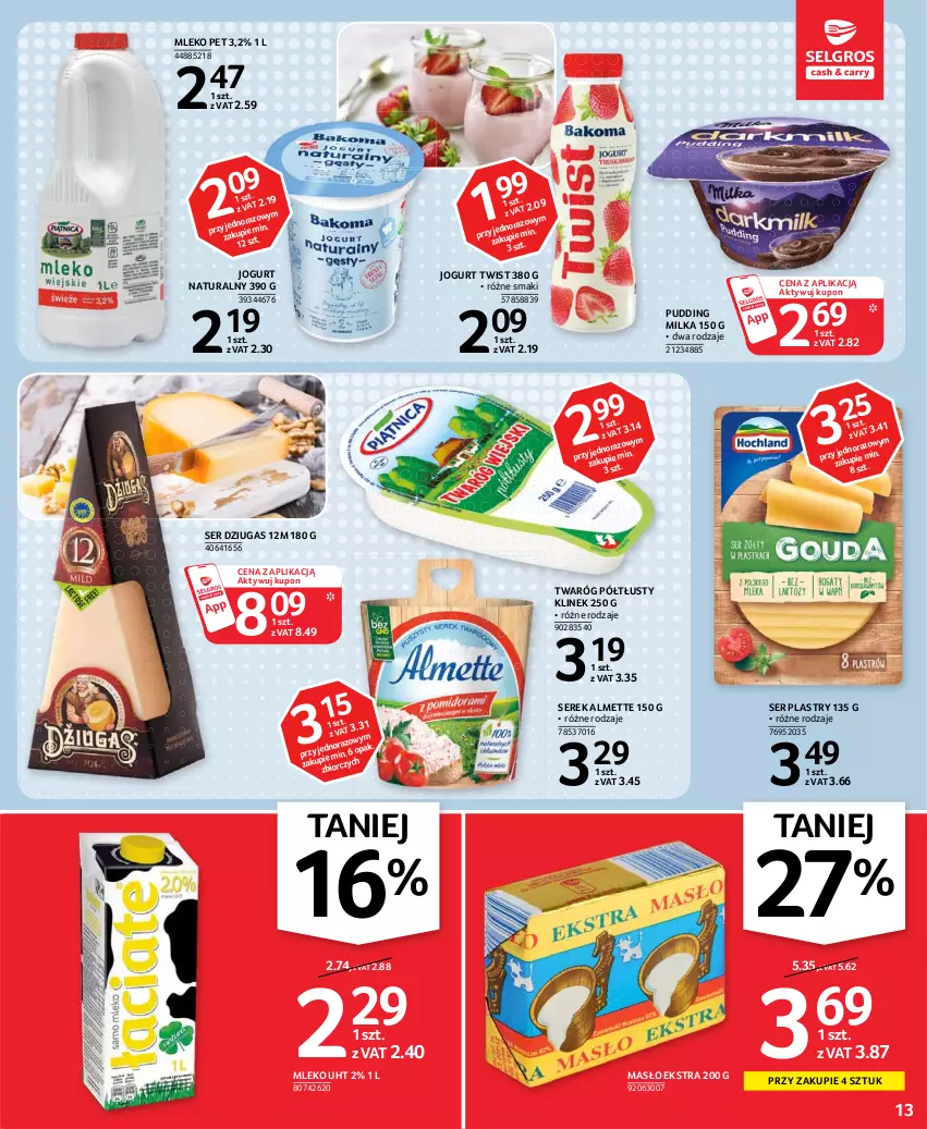 Gazetka promocyjna Selgros - Oferta spożywcza - ważna 13.05 do 26.05.2021 - strona 13 - produkty: Almette, Jogurt, Jogurt naturalny, Masło, Milka, Mleko, Pudding, Ser, Serek, Twaróg, Twaróg półtłusty