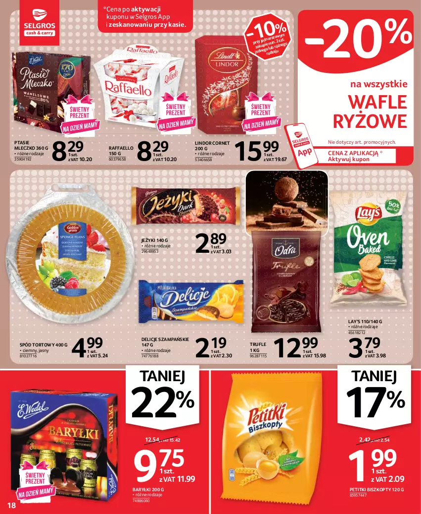 Gazetka promocyjna Selgros - Oferta spożywcza - ważna 13.05 do 26.05.2021 - strona 18 - produkty: Baryłki, Biszkopty, Delicje, Fa, Jeżyki, Lay’s, LG, Lindor, Mleczko, Ptasie mleczko, Raffaello, Ryż, Wafle