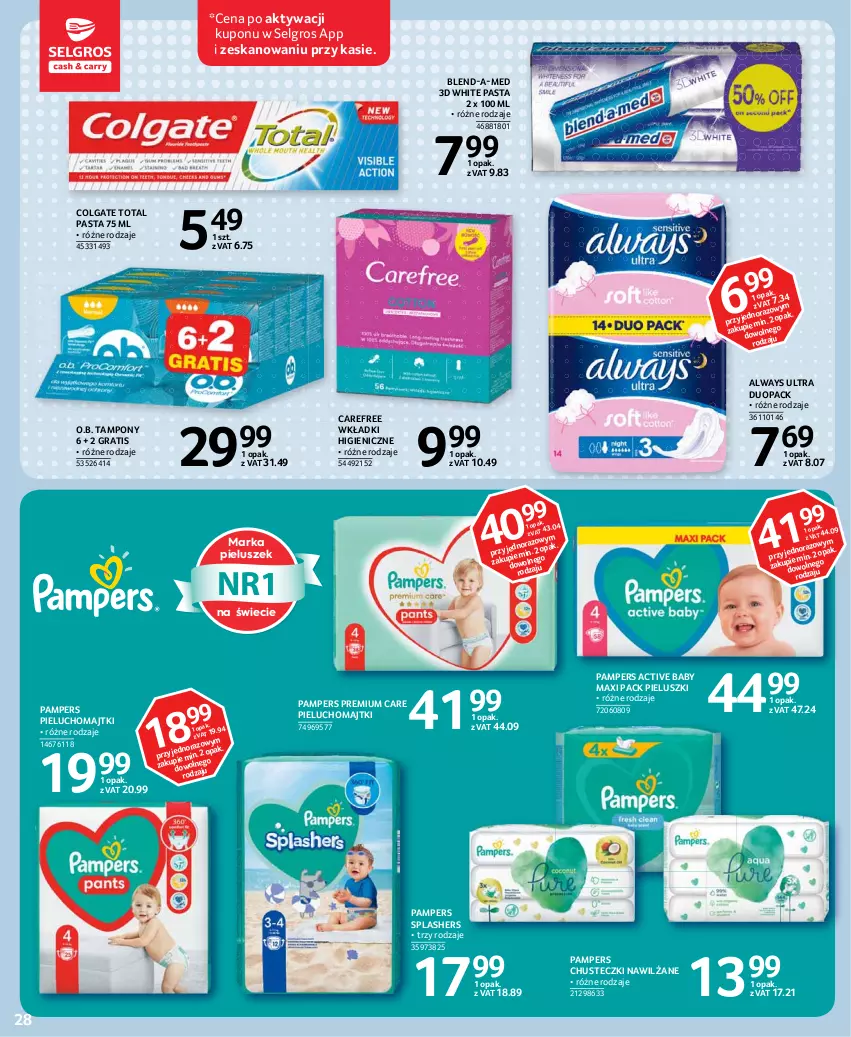 Gazetka promocyjna Selgros - Oferta spożywcza - ważna 13.05 do 26.05.2021 - strona 28 - produkty: Always, Always Ultra, Blend-a-Med, Carefree, Chusteczki, Colgate, Colgate Total, Gra, LG, Majtki, O.B., Pampers, Pieluchomajtki, Tampony, Wkładki